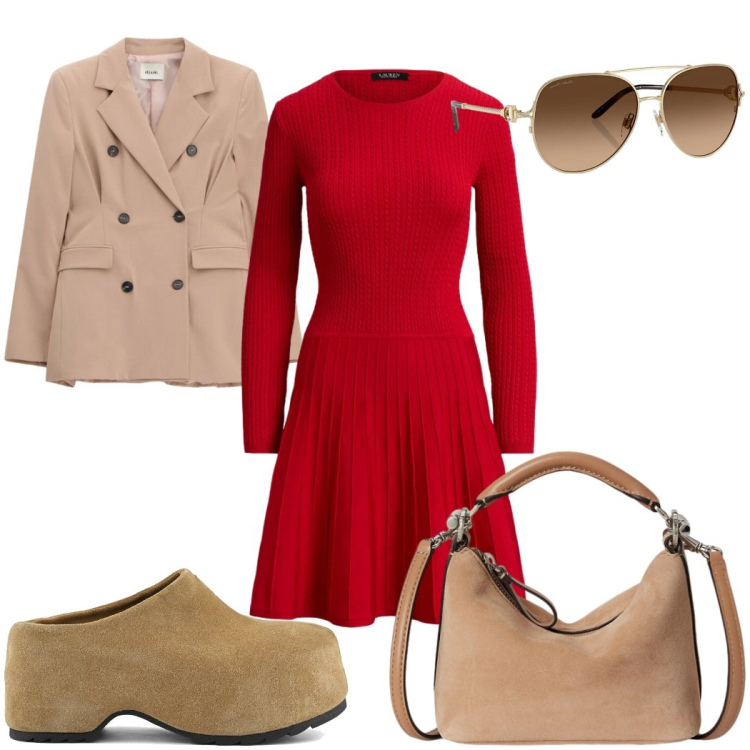 Outfit donna - Total look #2450775. Stile Trendy per Tutti i giorni. Abbinamento con blazer, occhiali da sole, vestiti, borse a spalla, zoccoli.