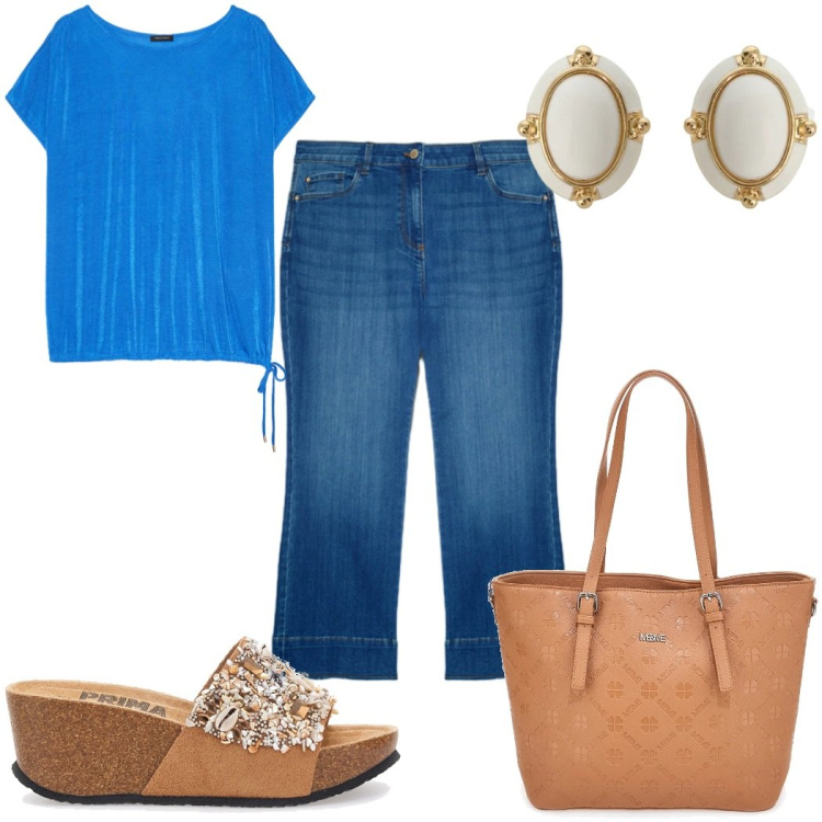 Outfit donna - Total look #2450777. Stile Casual per Tutti i giorni. Abbinamento con orecchini, jeans dritti, t-shirt, zeppe, borse a tracolla.