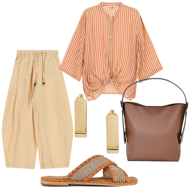 Outfit donna - Total look #2450779. Stile Etnico per Mare. Abbinamento con camicie, pantaloni a palazzo, borse a mano, orecchini, ciabatte.