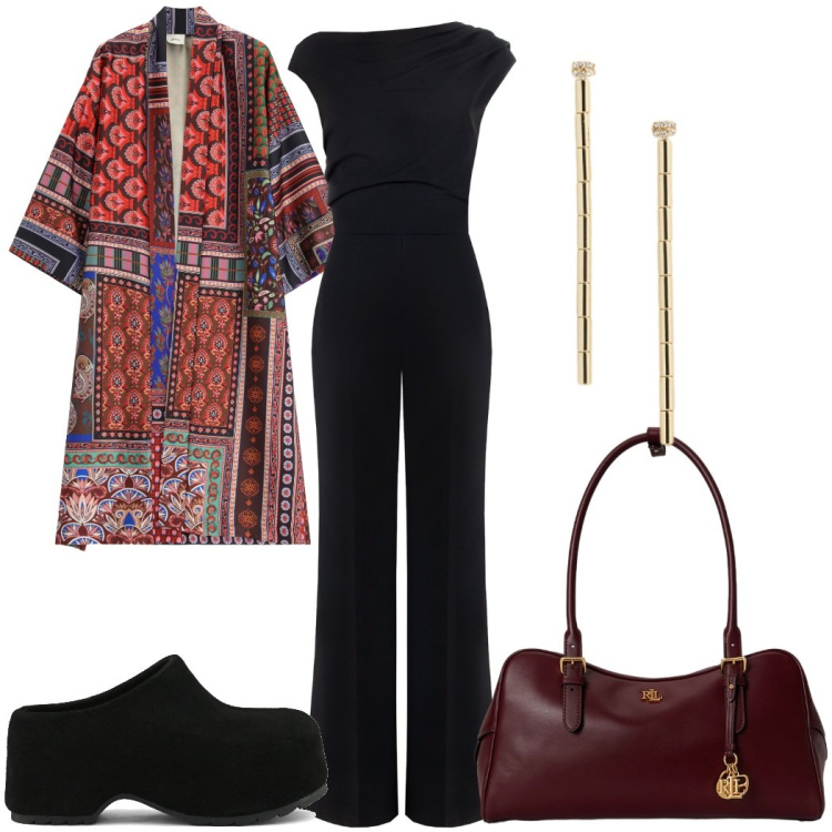 Outfit donna - Total look #2450782. Stile 70s per Tutti i giorni. Abbinamento con kimono, tute, orecchini, borse a mano, zoccoli.