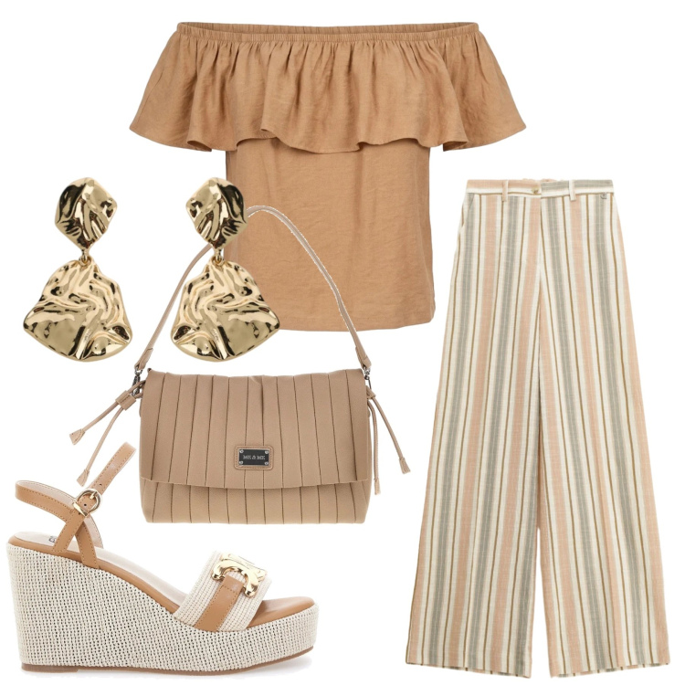 Outfit donna - Total look #2450783. Stile Etnico per Mare. Abbinamento con pantaloni a palazzo, orecchini, top, zeppe, pochette.