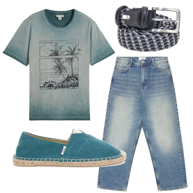 Outfit uomo - Total look #2450784. Stile Casual per Tutti i giorni. Abbinamento con t-shirt, jeans dritti, espadrillas, cinture.