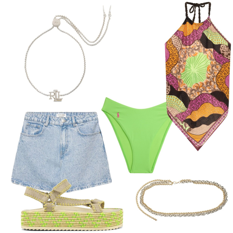 Outfit donna - Total look #2450790. Stile Trendy per Mare. Abbinamento con shorts, cinture, top, braccialetti, bikini, sandali.