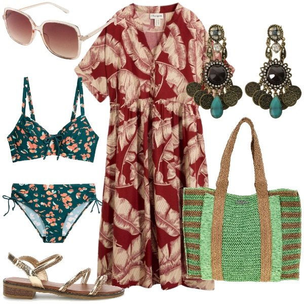 Outfit donna - Caftani leggeri Focus Donna Curvy. Stile Casual chic per Tutti i giorni. Abbinamento con caftani, occhiali da sole, bikini, orecchini, sandali col tacco, borse a spalla.