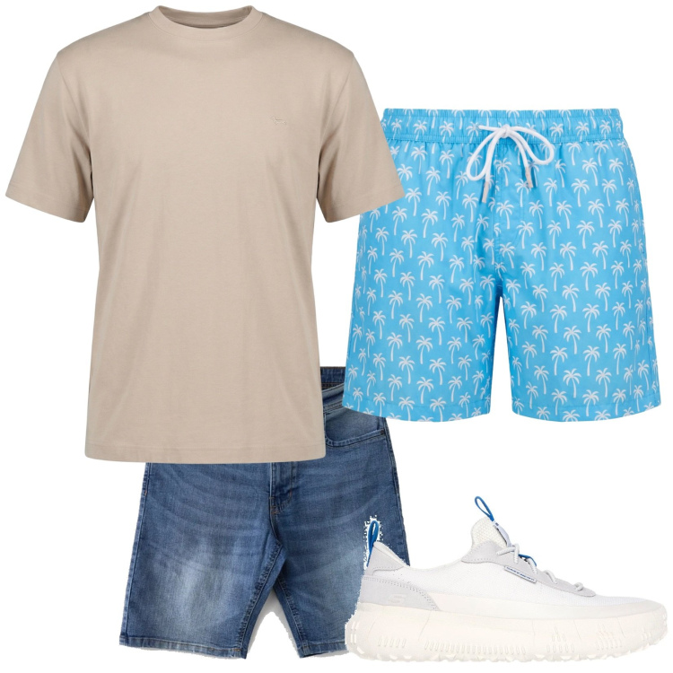 Outfit uomo - Total look #2450793. Stile Trendy per Mare. Abbinamento con t-shirt, costumi, sneakers, bermuda.