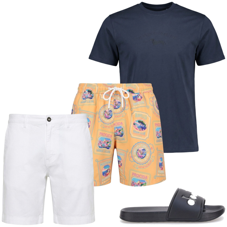 Outfit uomo - Total look #2450794. Stile Trendy per Mare. Abbinamento con t-shirt, bermuda, costumi, sandali.