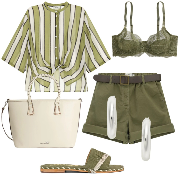 Outfit donna - Total look #2450795. Stile Trendy per Tutti i giorni. Abbinamento con shopping bag, shorts, camicie, orecchini, reggiseni, ciabatte.