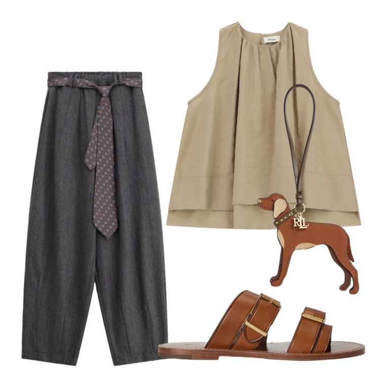 Outfit donna - Ufficio agosto. Stile Glamour per Ufficio. Abbinamento con canottiere, pantaloni a palazzo, sandali in pelle, ciondoli.