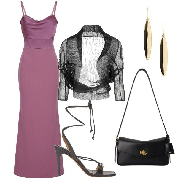 Outfit donna - Matrimonio in vista. Stile Glamour per Serata fuori. Abbinamento con blazer, vestiti lunghi, sandali in pelle, orecchini, borse a spalla.