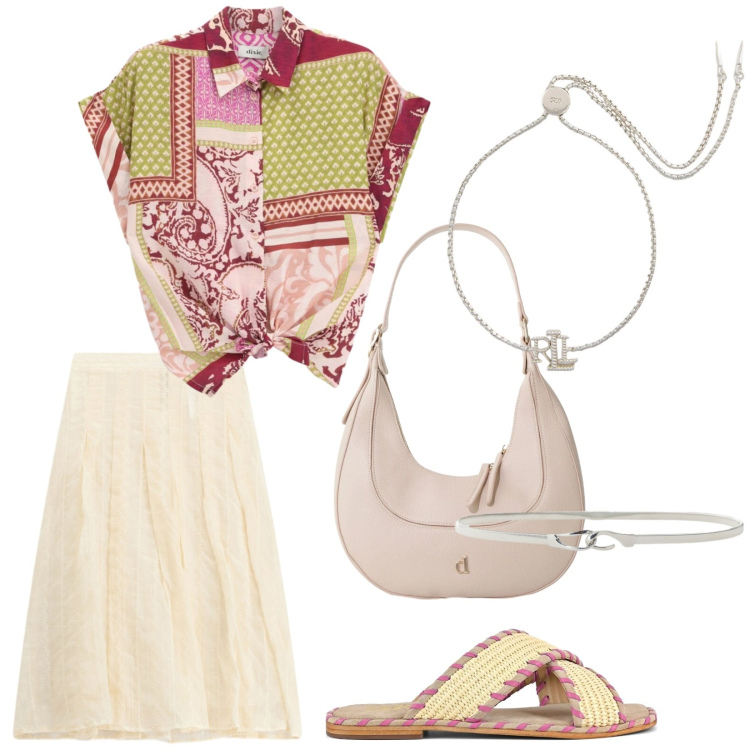 Outfit donna - Aperitivo al porto. Stile Casual chic per Tutti i giorni. Abbinamento con gonne longuette, borse a tracolla, cinture, camicie a manica corta, braccialetti, ciabatte.