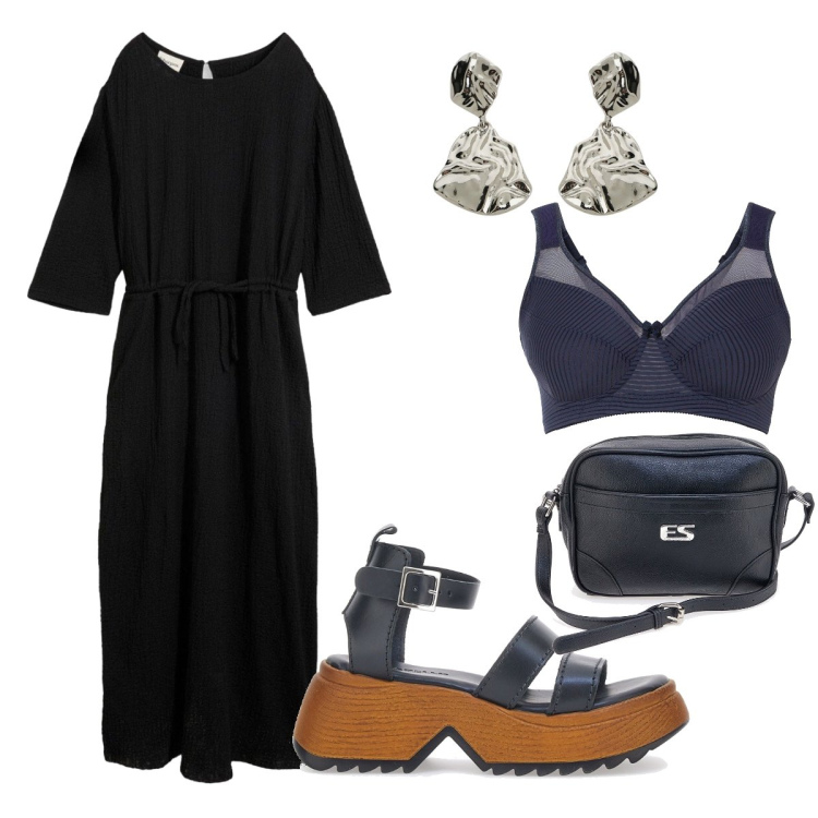 Outfit donna - Agosto. Stile Minimal per Tutti i giorni. Abbinamento con reggiseni, vestiti midi/longuette, orecchini, borse a tracolla, sandali col tacco.