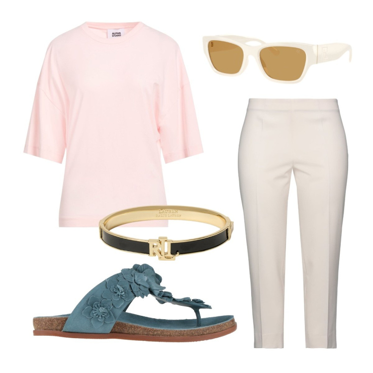 Outfit donna - Agosto. Stile Casual chic per Tutti i giorni. Abbinamento con pantaloni, infradito, t-shirt, braccialetti, occhiali da sole.