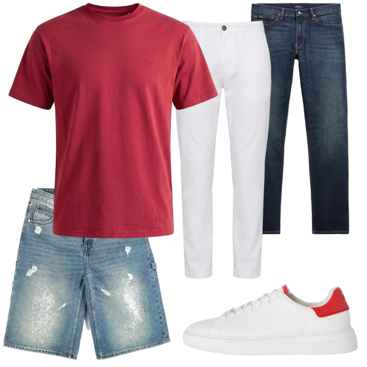 Outfit uomo - La t-shirt rossa. Stile Casual per Tutti i giorni. Abbinamento con t-shirt, sneakers, pantaloni, jeans, shorts.