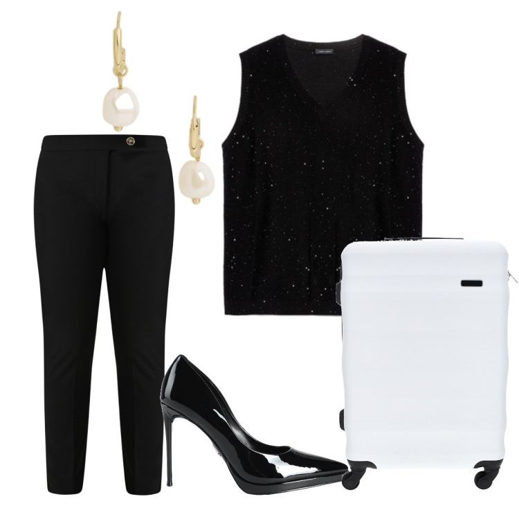 Outfit donna - Oggi mi vesto così. Stile Casual chic per Tutti i giorni. Abbinamento con décolleté, pantaloni skinny, top, orecchini, valigie.