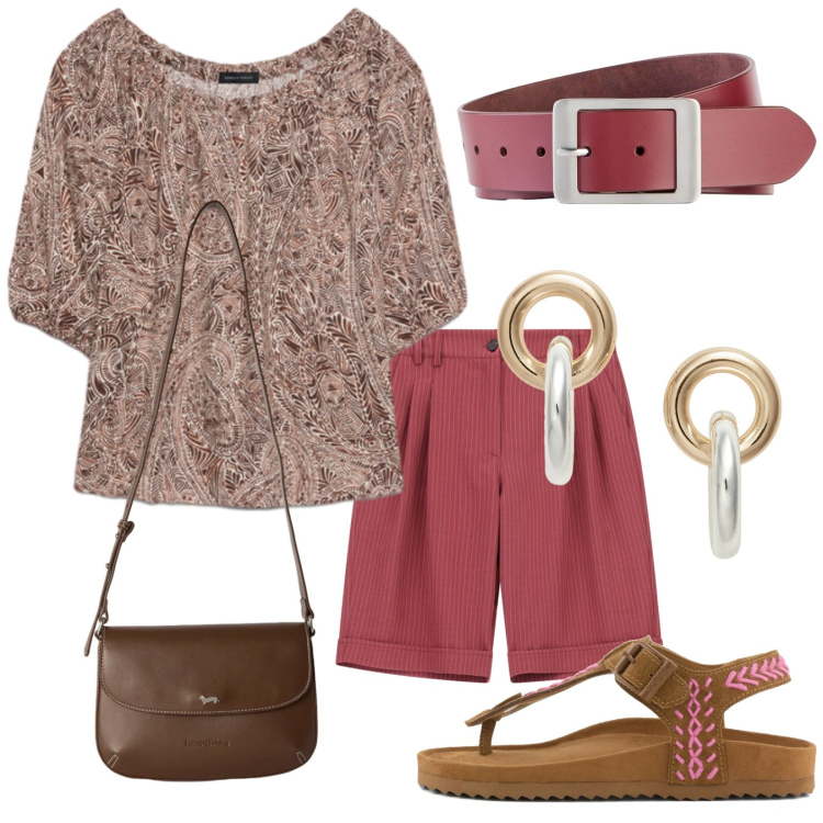 Outfit donna - Pranzo di Ferragosto. Stile Casual chic per Tutti i giorni. Abbinamento con cinture, borse a tracolla, bermuda, bluse, orecchini, infradito.