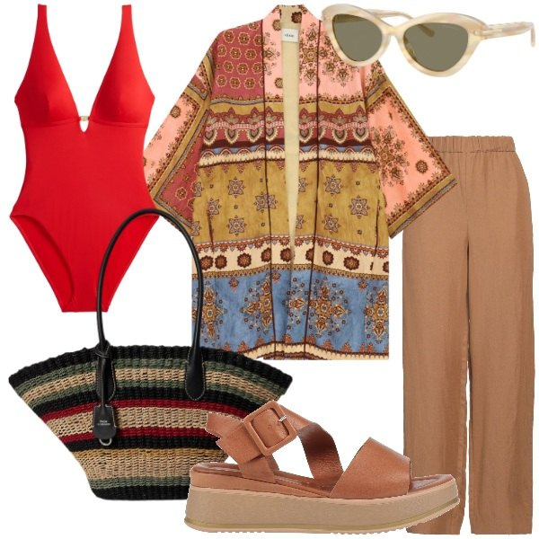 Outfit donna - kimono leggero. Stile Casual chic per Tutti i giorni. Abbinamento con sandali in pelle, pantaloni, trench, occhiali da sole, borse tote, costumi interi.