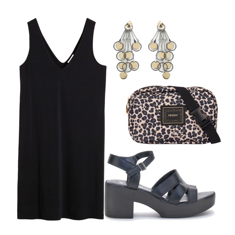 Outfit donna - Agosto. Stile Minimal per Serata fuori. Abbinamento con vestiti, orecchini, marsupi, sandali col tacco.
