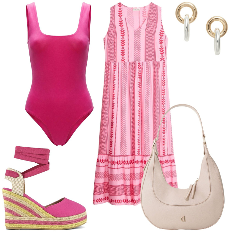 Outfit donna - Total look estivo. Stile Casual chic per Tutti i giorni. Abbinamento con vestiti lunghi, body, borse a tracolla, orecchini, espadrillas.