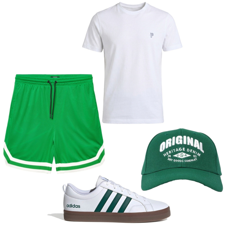Outfit uomo - Total look #2450818. Stile Urban per Sport. Abbinamento con t-shirt, cappelli con visiera, bermuda, sneakers.