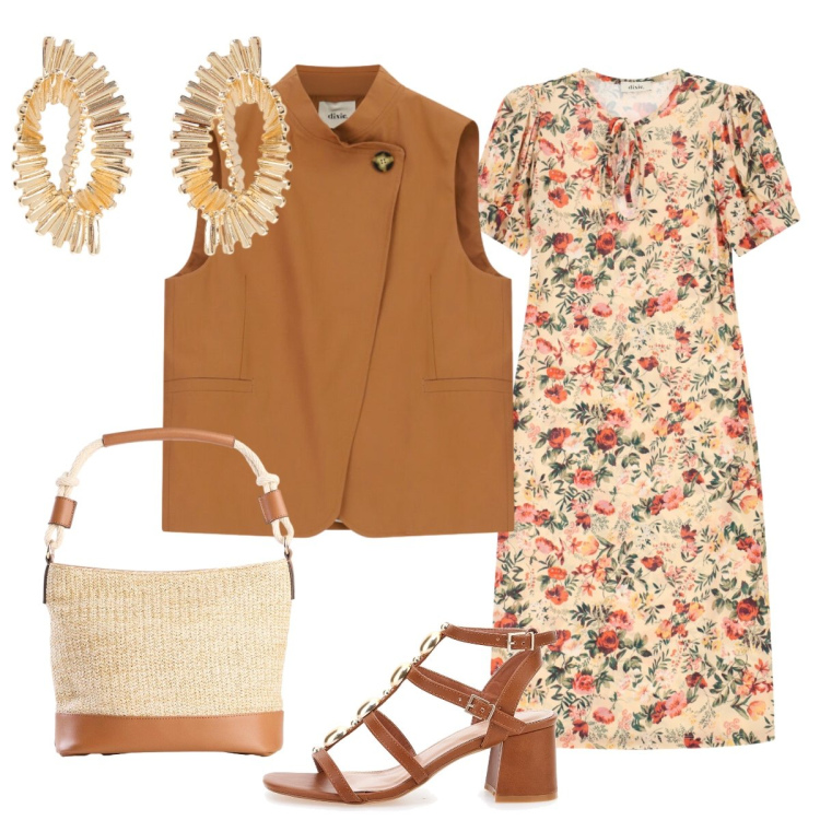 Outfit donna - In città. Stile Bon Ton per Tutti i giorni. Abbinamento con borse a mano, vestiti midi/longuette, gilet, orecchini, sandali gioiello.