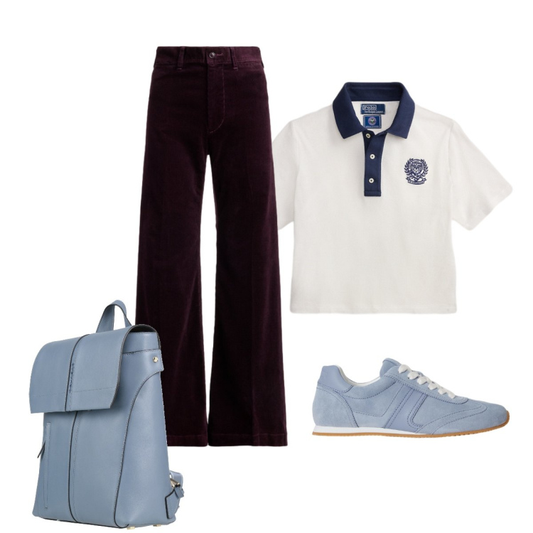 Outfit donna - All’università. Stile Casual chic per Scuola/Università. Abbinamento con zaini, sneakers, polo, pantaloni.