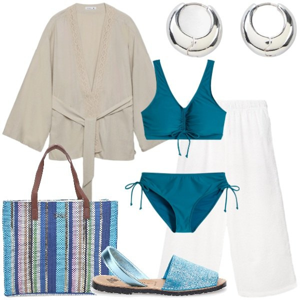 Outfit donna - outfit curvy. Stile Glamour per Tutti i giorni. Abbinamento con bikini, orecchini, kimono, pantaloni, shopping bag, sandali in pelle.