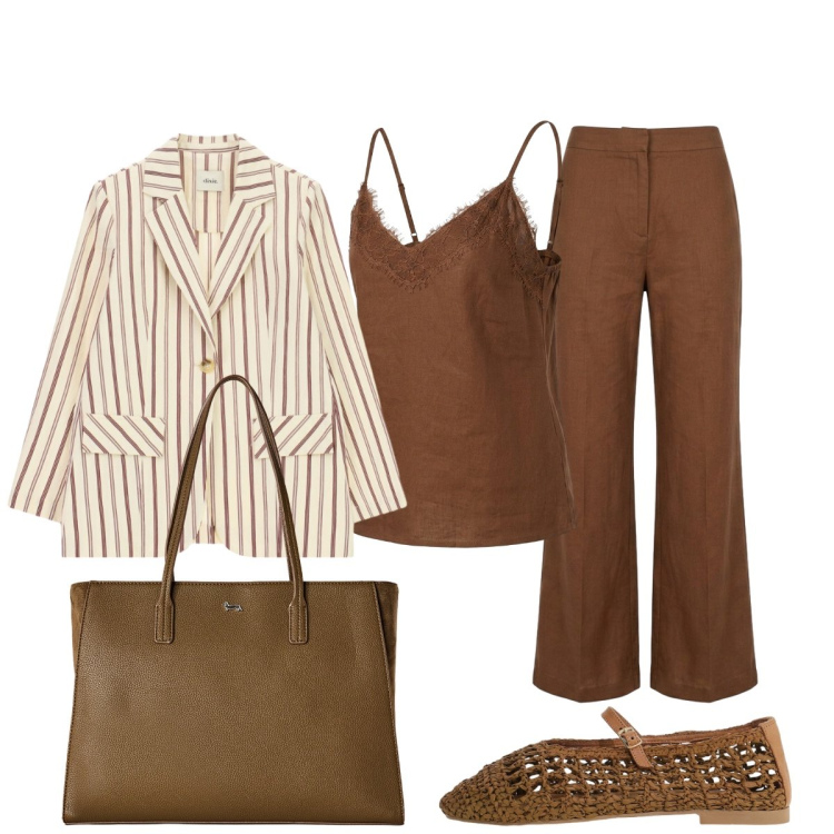 Outfit donna - Lo Chic terracotta. Stile Chic per Tutti i giorni. Abbinamento con shopping bag, ballerine, blazer, top, pantaloni.