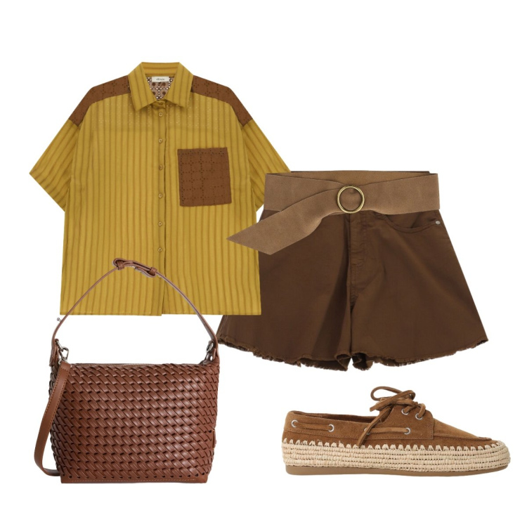 Outfit donna - Al bar con gli amici. Stile Casual chic per Tutti i giorni. Abbinamento con borse a spalla, cinture, scarpe stringate, camicie a manica corta, shorts.