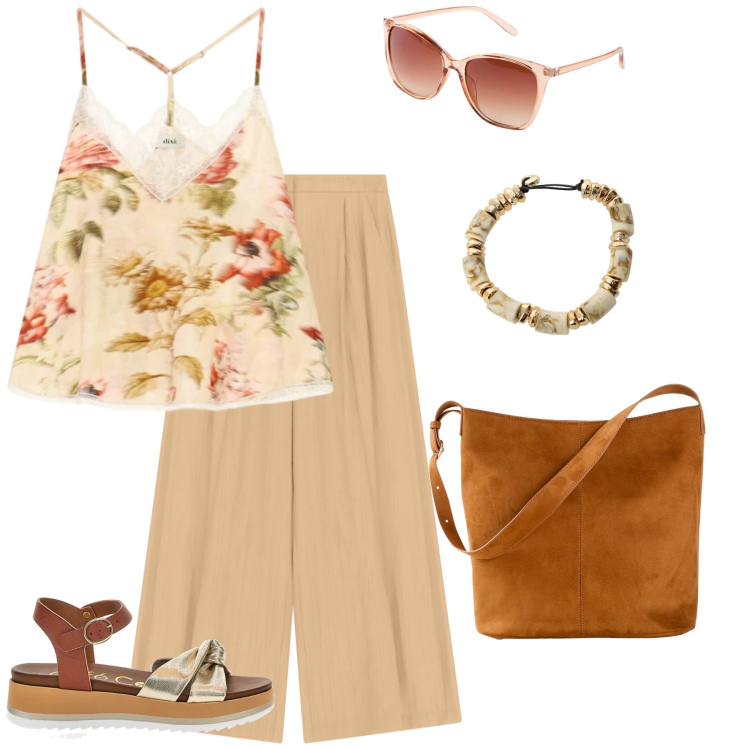 Outfit donna - Comoda per musei. Stile Casual chic per Tutti i giorni. Abbinamento con occhiali da sole, borse a mano, braccialetti, top, pantaloni a palazzo, sandali.