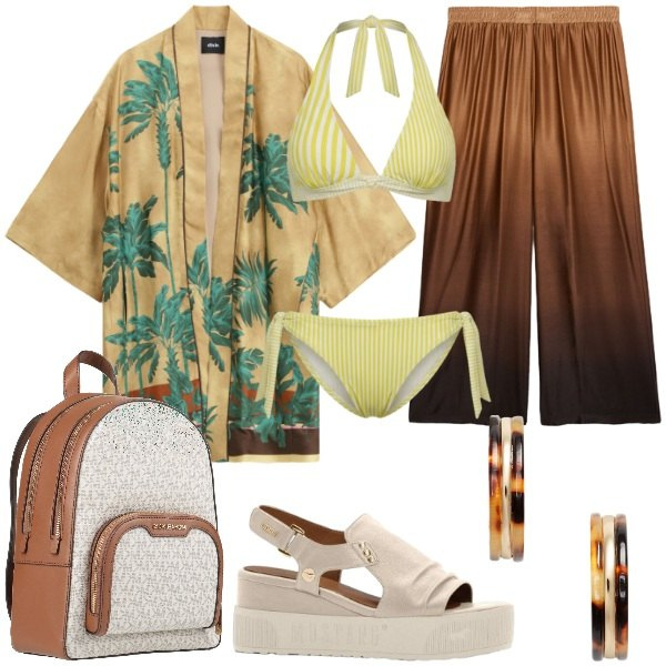 Outfit donna - Un look fluido. Stile Glamour per Tutti i giorni. Abbinamento con zaini, sandali, bikini, blazer, pantaloni a palazzo, orecchini.