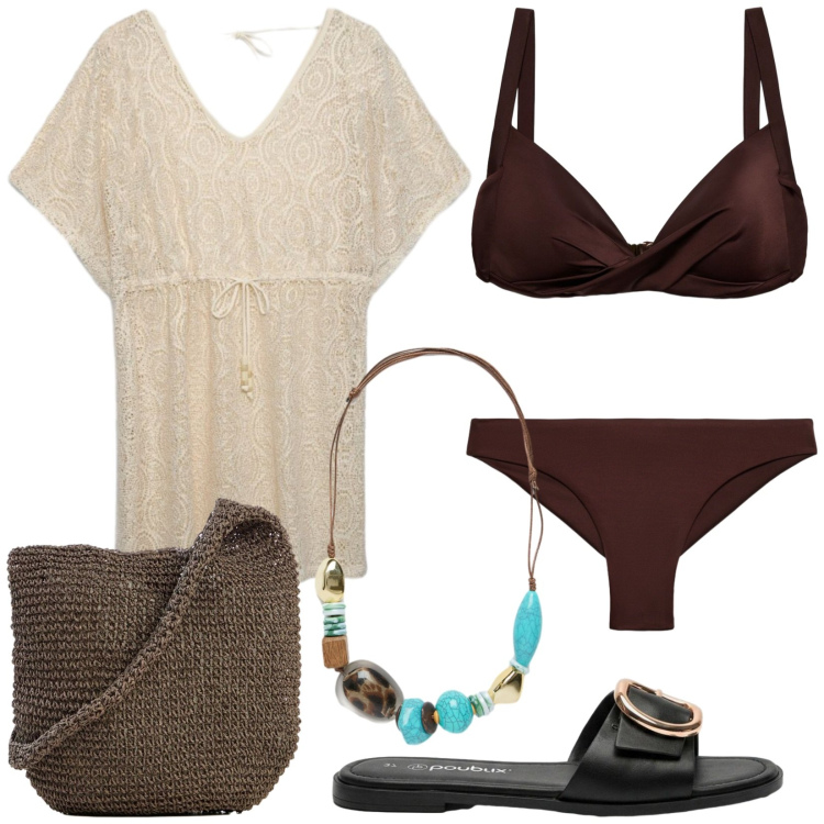 Outfit donna - Caftano per il mare. Stile Basic per Mare. Abbinamento con shopping bag, ciabatte, bikini, caftani, bikini, collane.