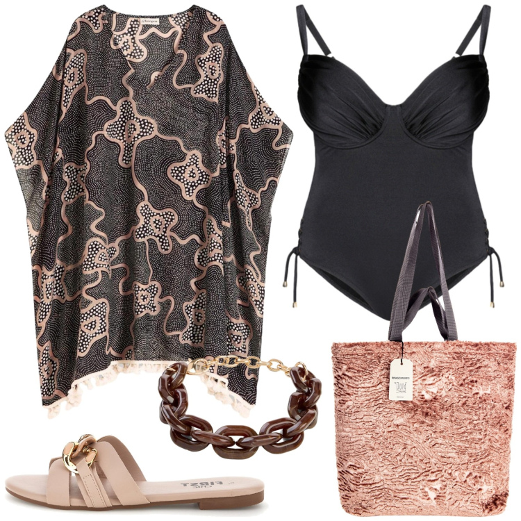 Outfit donna - Copricostume chic. Stile Glamour per Mare. Abbinamento con braccialetti, vestiti da spiaggia, borse tote, costumi interi, ciabatte.