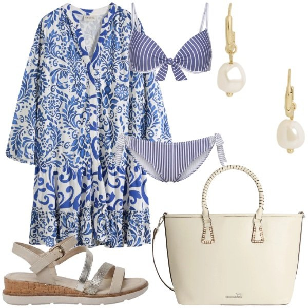 Outfit donna - Focus Donna Curvy. Stile Glamour per Tutti i giorni. Abbinamento con sandali, vestiti da spiaggia, shopping bag, bikini, orecchini.
