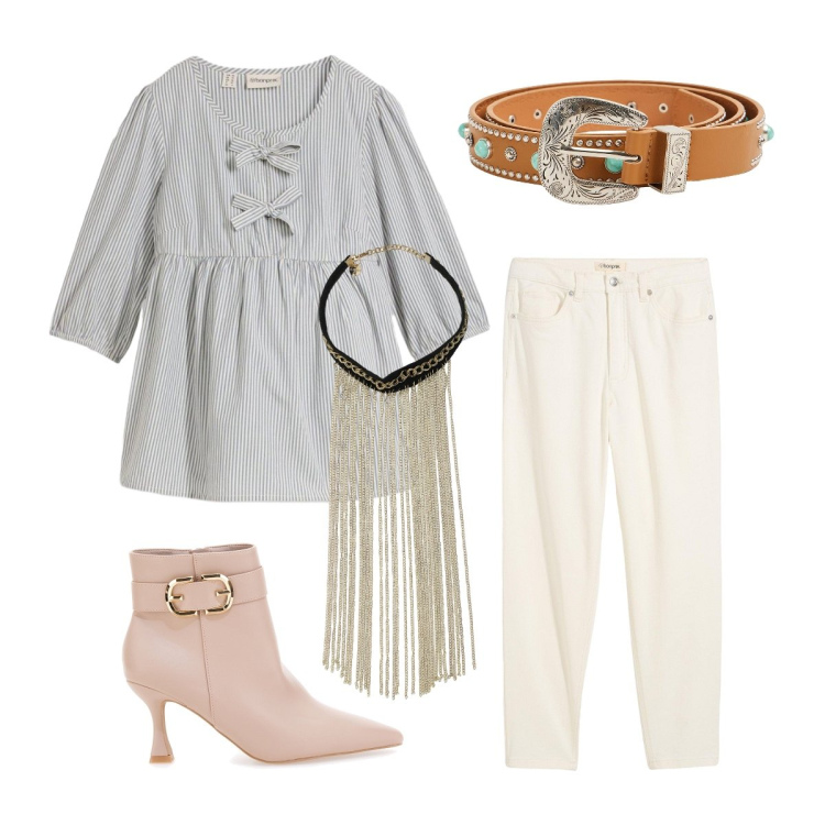 Outfit donna - Boho. Stile Boho per Tutti i giorni. Abbinamento con bluse, jeans mom, cinture, collane, stivaletti.