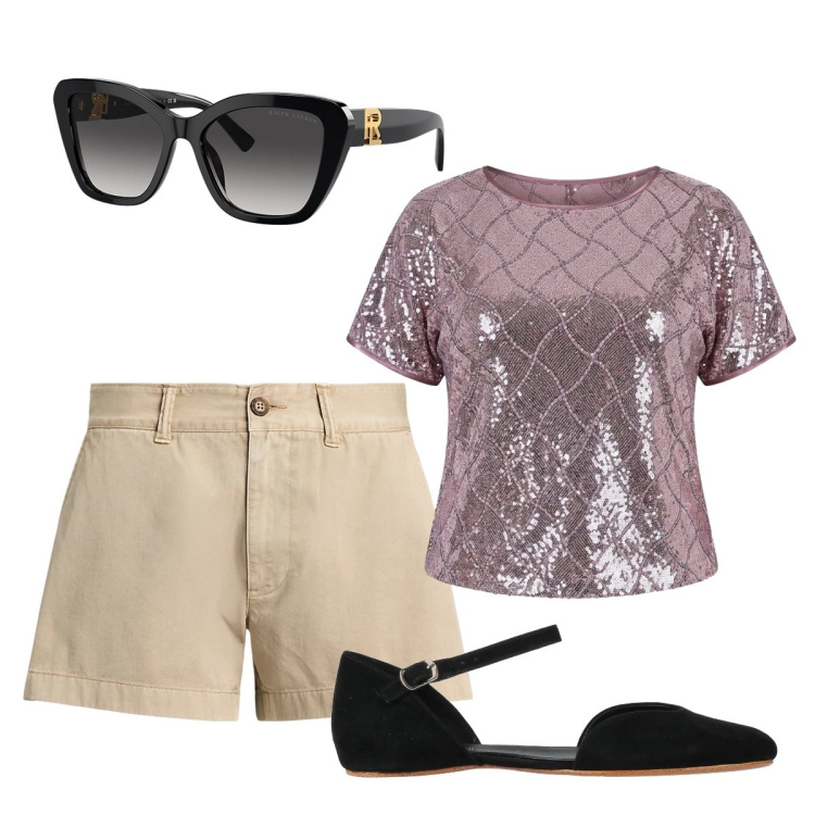 Outfit donna - Agosto curvy. Stile Casual chic per Tutti i giorni. Abbinamento con ballerine, bluse, occhiali da sole, shorts.