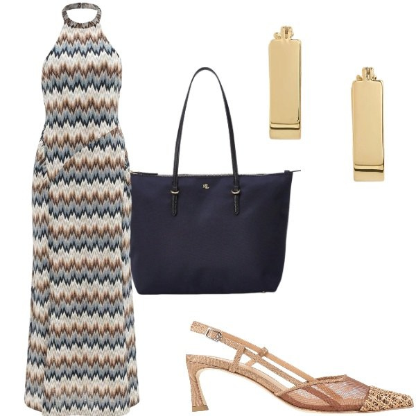 Outfit donna - A cena fuori. Stile Casual chic per Serata fuori. Abbinamento con décolleté, vestiti lunghi, borse tote, orecchini.