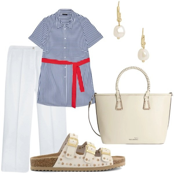Outfit donna - E siamo in Agosto....... Stile Casual chic per Tutti i giorni. Abbinamento con shopping bag, pantaloni, camicie a manica corta, orecchini, sandali.