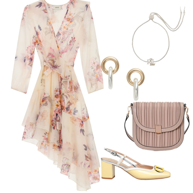 Outfit donna - Cocktail fiorito. Stile Romantica per Serata fuori. Abbinamento con décolleté, vestiti asimmetrici, borse a tracolla, orecchini, braccialetti.