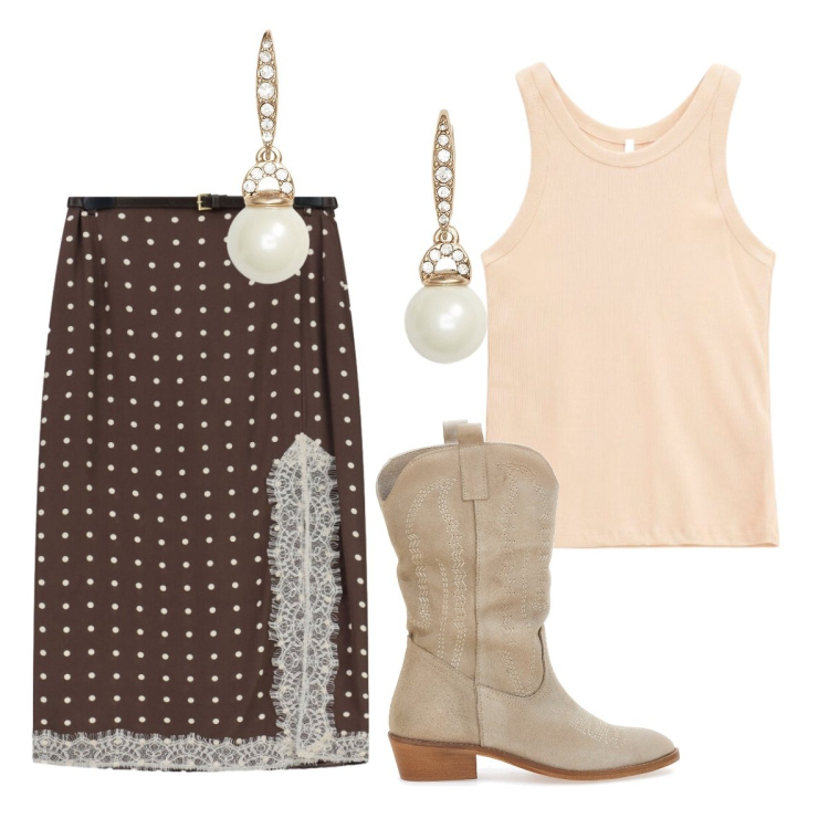 Outfit donna - Passeggiare tra monumenti storici. Stile Casual chic per Tutti i giorni. Abbinamento con gonne lunghe, canottiere, orecchini, stivaletti texani.