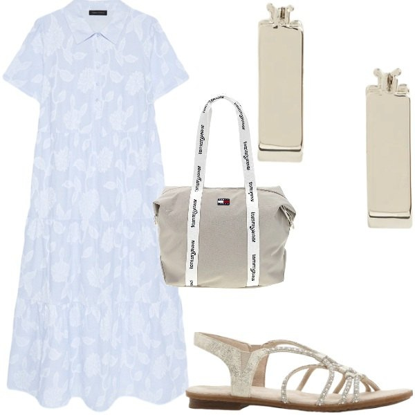 Outfit donna - Serata tra amici. Stile Casual per Tutti i giorni. Abbinamento con sandali, vestiti lunghi, orecchini, shopping bag.