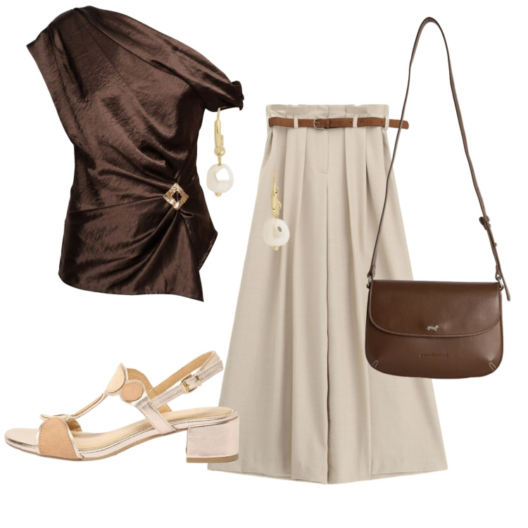 Outfit donna - Tramonti curati. Stile Casual chic per Serata fuori. Abbinamento con sandali col tacco, borse a tracolla, pantaloni a palazzo, top, orecchini.