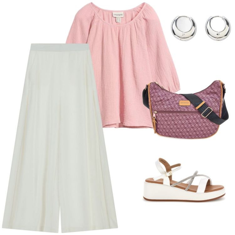 Outfit donna - Metropolitan. per Tutti i giorni. Abbinamento con tuniche, orecchini, pantaloni a palazzo, borse a tracolla, sandali.
