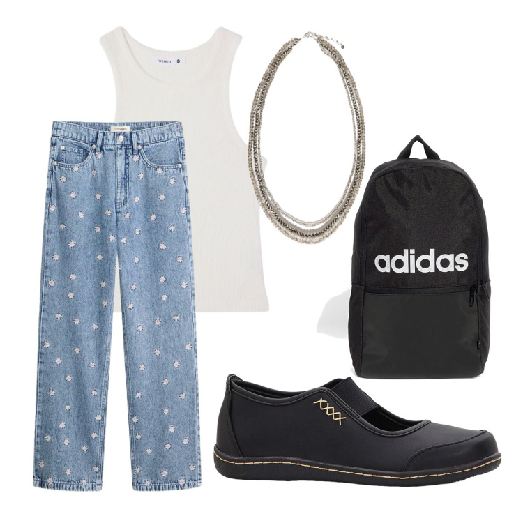 Outfit donna - Passeggiata nella città d’arte. Stile Sporty chic per Tutti i giorni. look ideale per Petite. Abbinamento con ballerine, jeans dritti, canottiere, collane, zaini.