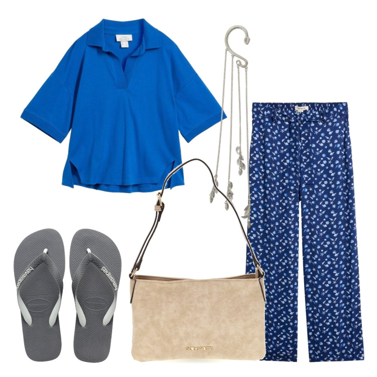 Outfit donna - Passeggiata al museo. Stile Urban per Tutti i giorni. Abbinamento con pantaloni, polo, orecchini, borse a tracolla, infradito.
