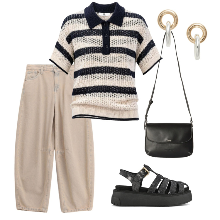 Outfit donna - Metropolitan style. per Tutti i giorni. Abbinamento con polo, borse a tracolla, pantaloni a palazzo, orecchini, sandali.