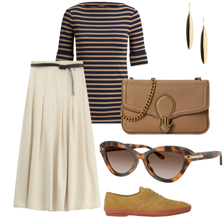 Outfit donna - Metropolitana Art. per Tutti i giorni. Abbinamento con gonne lunghe, occhiali da sole, orecchini, sneakers, borse a tracolla, t-shirt.