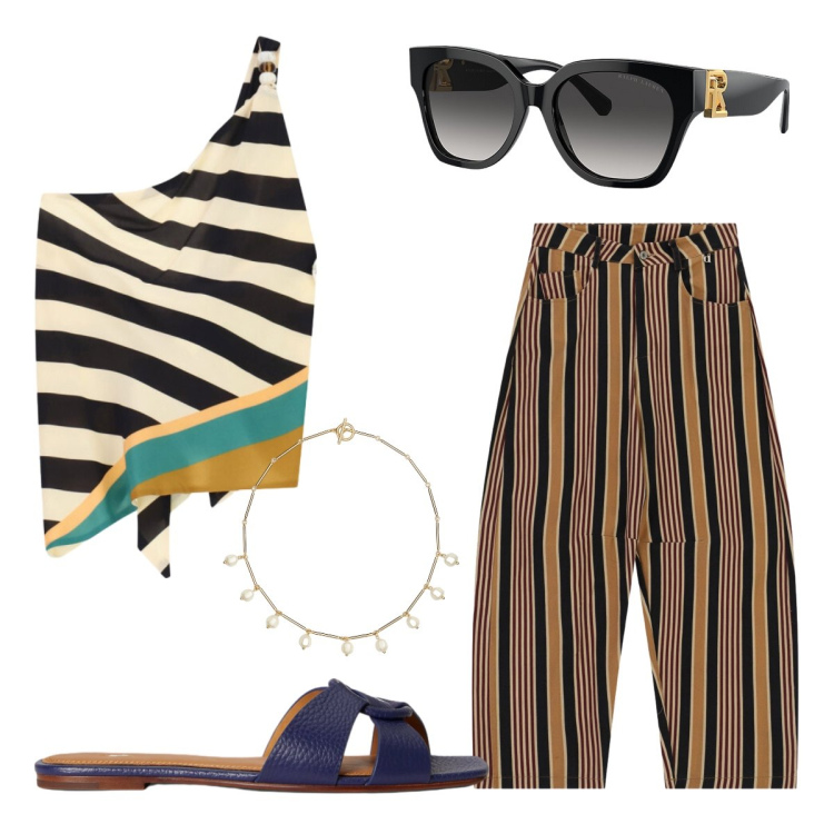 Outfit donna - Passeggiata tra le strade d’arte. Stile Glamour per Tutti i giorni. Abbinamento con top, pantaloni, occhiali da sole, sandali in pelle, collane.