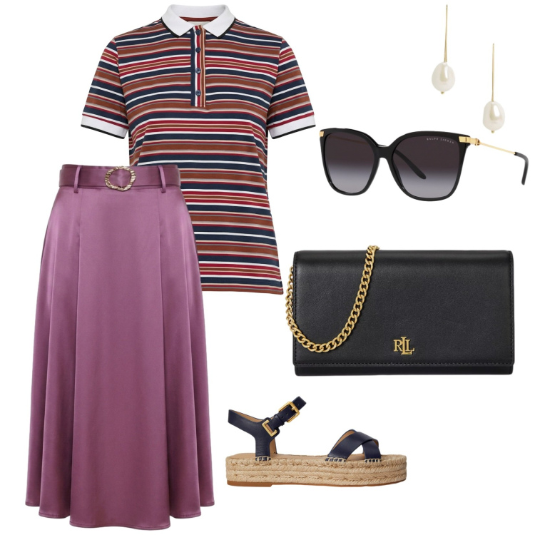 Outfit donna - Arte contemporanea. per Tutti i giorni. Abbinamento con polo, gonne longuette, occhiali da sole, borse a tracolla, espadrillas, orecchini.