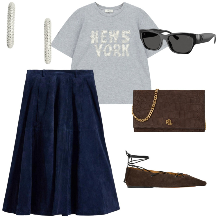 Outfit donna - Arte ai musei. per Tutti i giorni. Abbinamento con gonne, t-shirt, orecchini, occhiali da sole, ballerine, borse a tracolla.