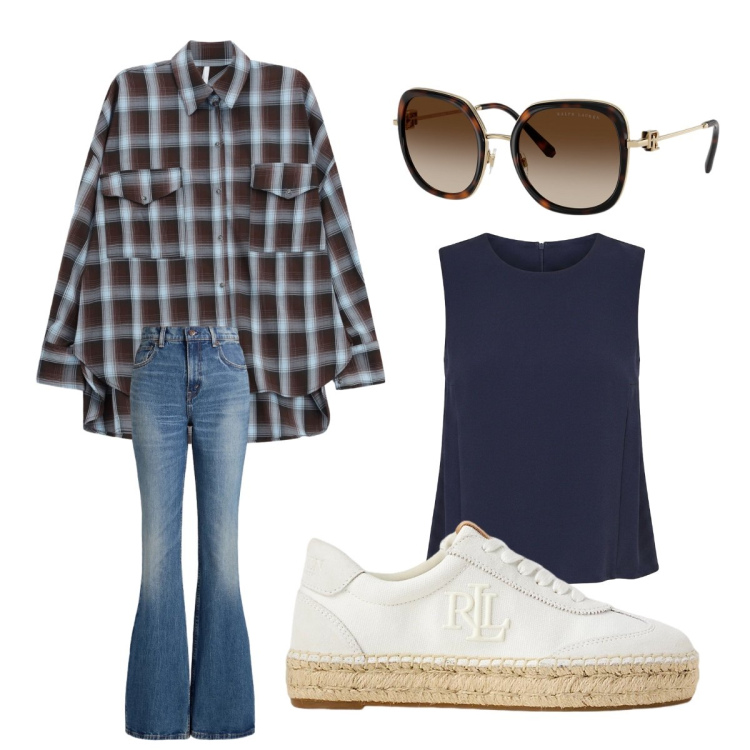 Outfit donna - Metropolitan Escape. Stile Casual per Tutti i giorni. Abbinamento con canottiere, camicie, sneakers, jeans, occhiali da sole.